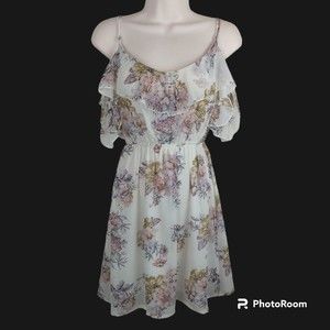 Rue 21 Floral Sleeveless Sheer Layer Dress  Ruffle Cold Shoulder Sleeve Size S